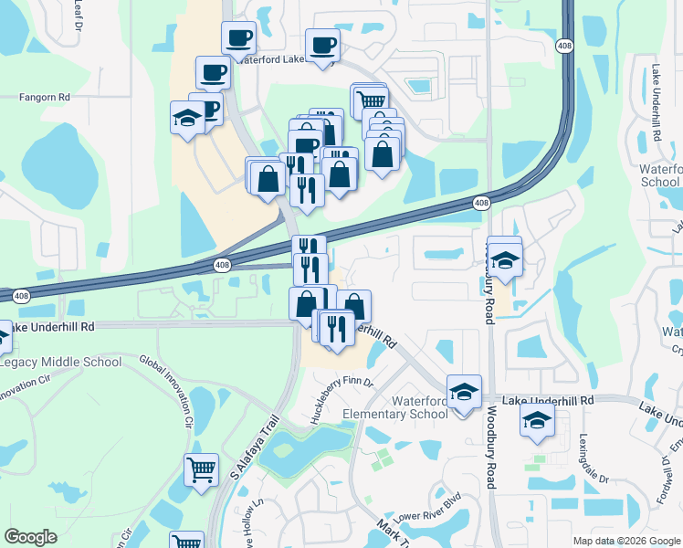 map of restaurants, bars, coffee shops, grocery stores, and more near 724 Crest Pines Drive in Orlando