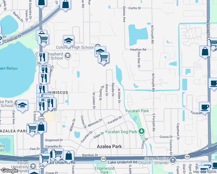 map of restaurants, bars, coffee shops, grocery stores, and more near 132 Areca Drive in Orlando