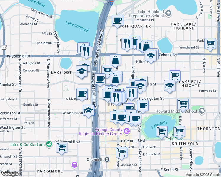 map of restaurants, bars, coffee shops, grocery stores, and more near 480 North Orange Avenue in Orlando