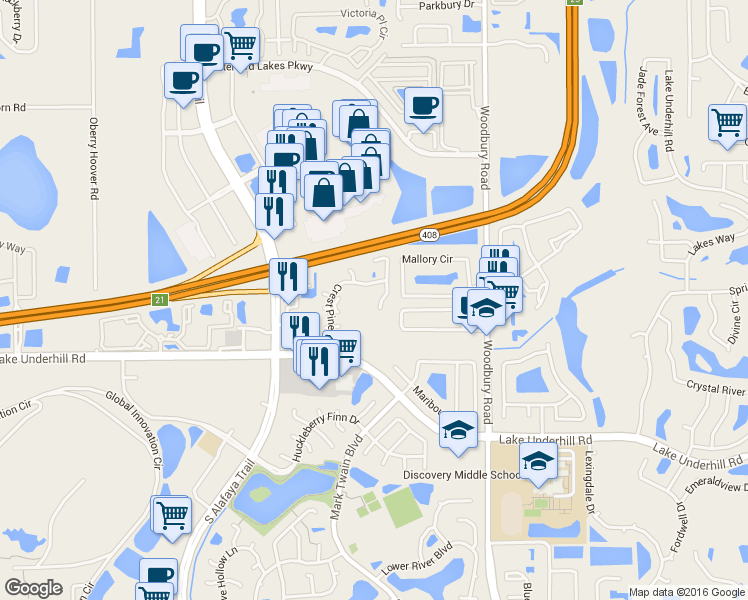 map of restaurants, bars, coffee shops, grocery stores, and more near 12524 Crest Springs Lane in Orlando