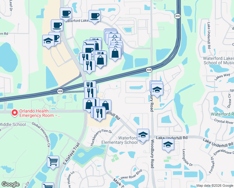 map of restaurants, bars, coffee shops, grocery stores, and more near 12602 Crest Springs Lane in Orlando