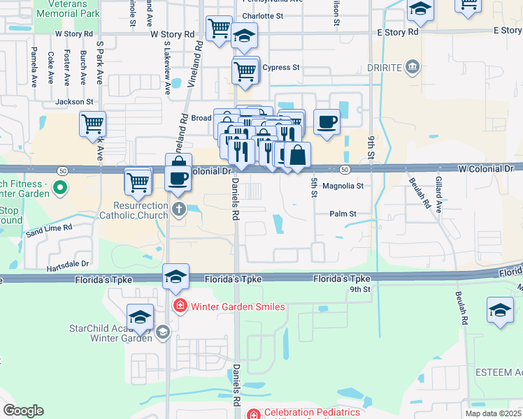 map of restaurants, bars, coffee shops, grocery stores, and more near 57 Windtree Lane in Winter Garden