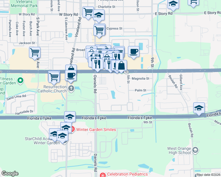 map of restaurants, bars, coffee shops, grocery stores, and more near 57 Windtree Lane in Winter Garden