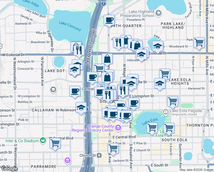 map of restaurants, bars, coffee shops, grocery stores, and more near in Orlando
