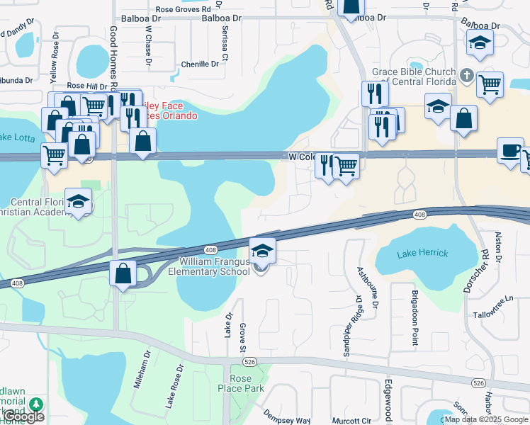 map of restaurants, bars, coffee shops, grocery stores, and more near 648 Spice Trader Way in Orlando