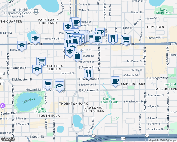 map of restaurants, bars, coffee shops, grocery stores, and more near 1427 East Amelia Street in Orlando