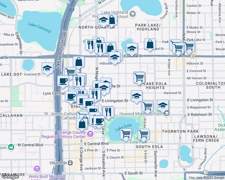 map of restaurants, bars, coffee shops, grocery stores, and more near 203 East Amelia Street in Orlando