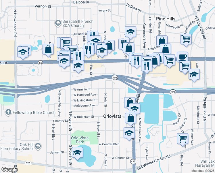 map of restaurants, bars, coffee shops, grocery stores, and more near 519 North John Street in Orlando