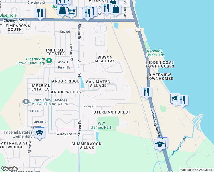 map of restaurants, bars, coffee shops, grocery stores, and more near 335 San Mateo Boulevard in Titusville