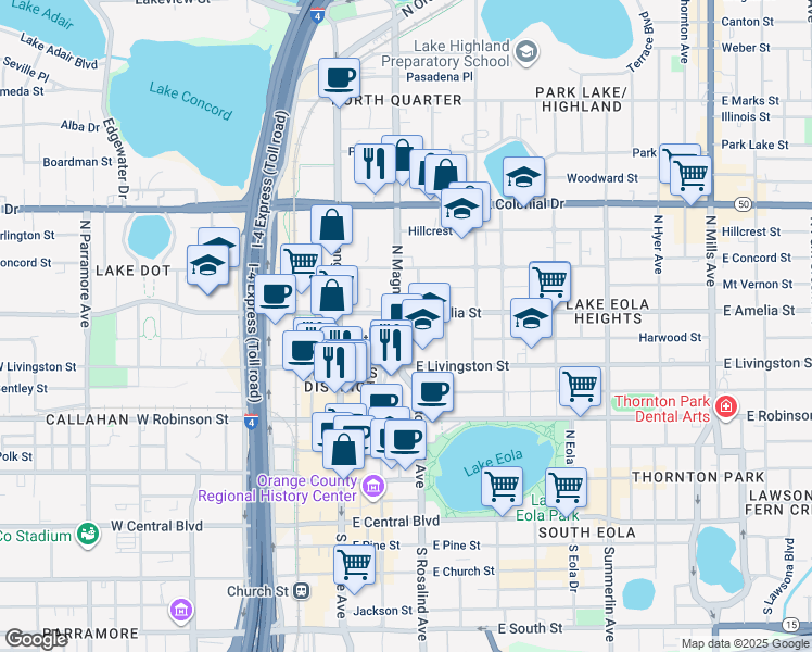 map of restaurants, bars, coffee shops, grocery stores, and more near in Orlando