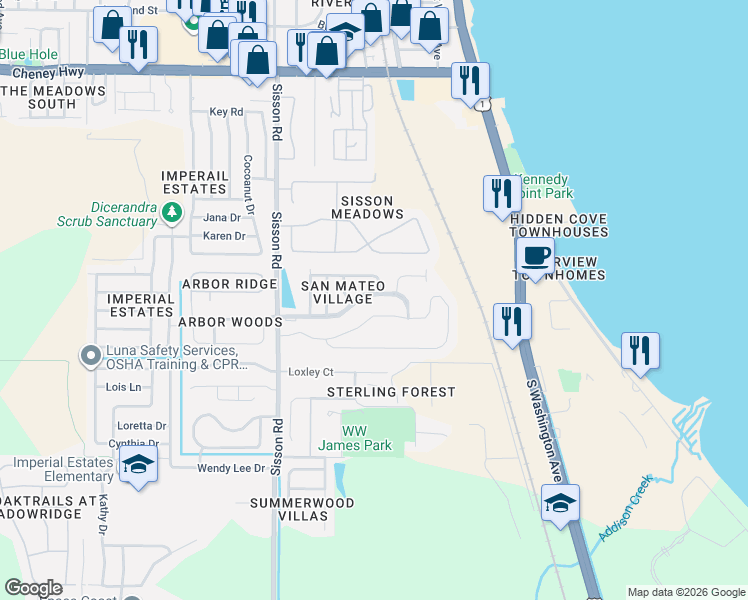 map of restaurants, bars, coffee shops, grocery stores, and more near 335 San Mateo Boulevard in Titusville