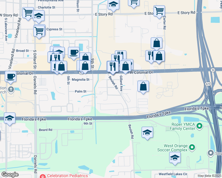 map of restaurants, bars, coffee shops, grocery stores, and more near 820 Palm Avenue in Winter Garden