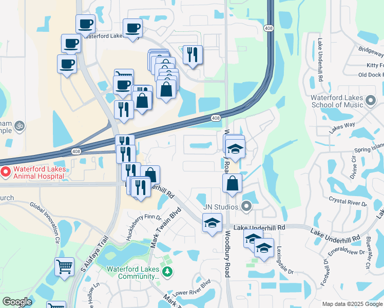 map of restaurants, bars, coffee shops, grocery stores, and more near 12926 Mallory Circle in Orlando