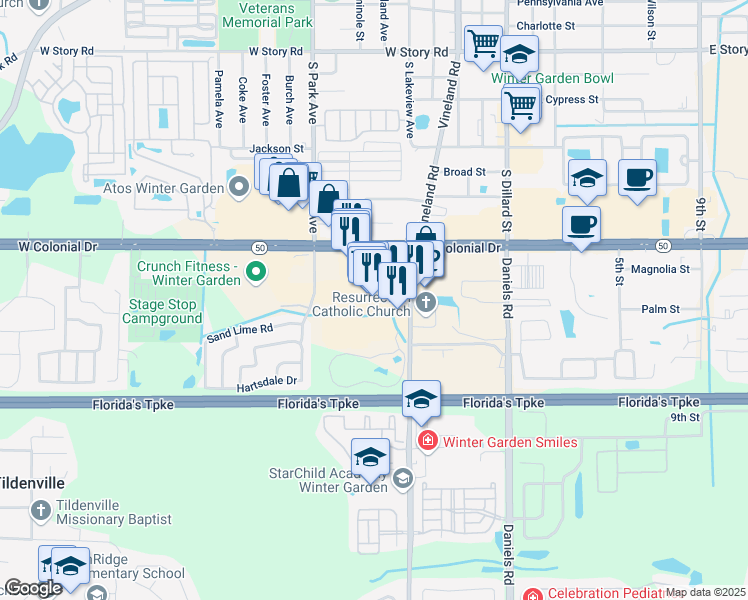map of restaurants, bars, coffee shops, grocery stores, and more near 13750 West Colonial Drive in Winter Garden