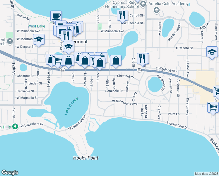 map of restaurants, bars, coffee shops, grocery stores, and more near 1365 4th Street in Clermont