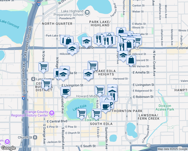 map of restaurants, bars, coffee shops, grocery stores, and more near 601 East Amelia Street in Orlando