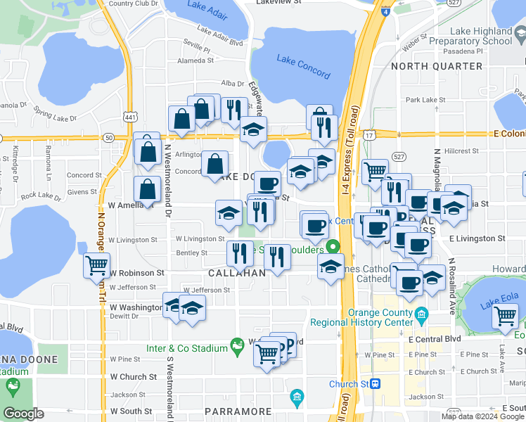 map of restaurants, bars, coffee shops, grocery stores, and more near 480 North Terry Avenue in Orlando