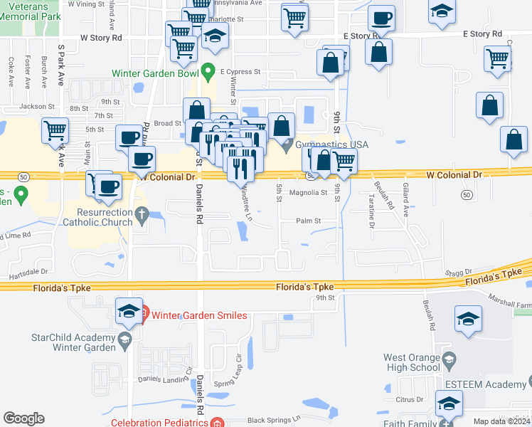 map of restaurants, bars, coffee shops, grocery stores, and more near 131 Windtree Lane in Winter Garden