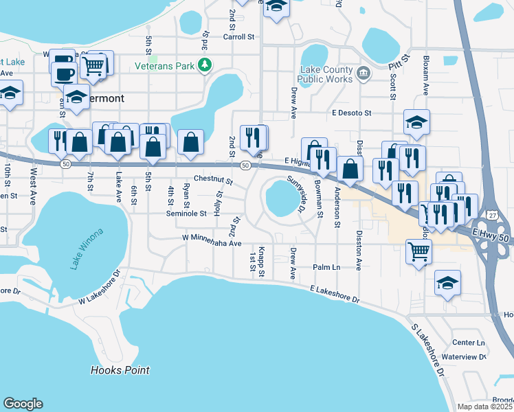 map of restaurants, bars, coffee shops, grocery stores, and more near 79 Sunnyside Drive in Clermont