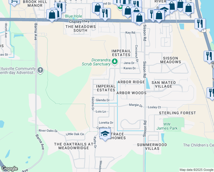 map of restaurants, bars, coffee shops, grocery stores, and more near 920 Lisa Drive in Titusville