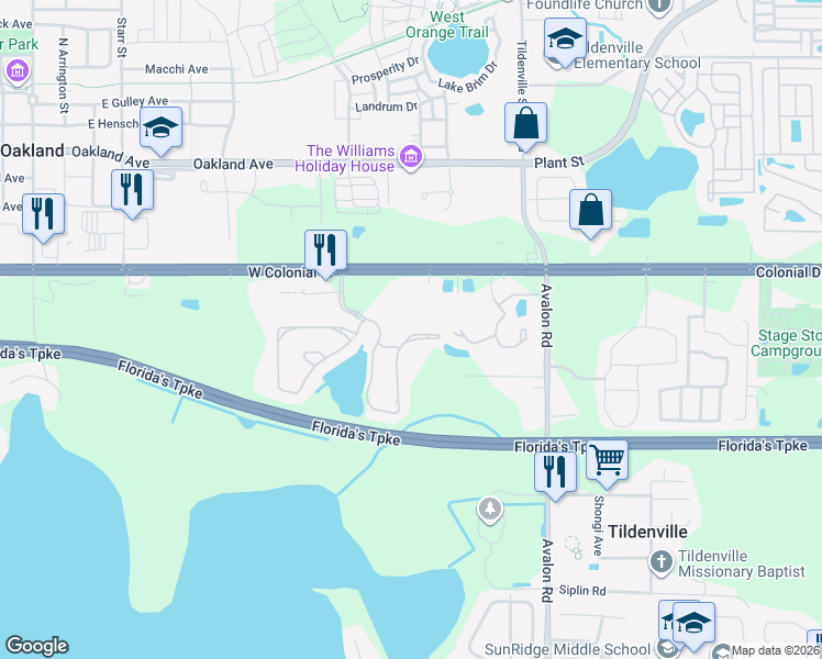 map of restaurants, bars, coffee shops, grocery stores, and more near 15343 Oak Apple Court in Winter Garden