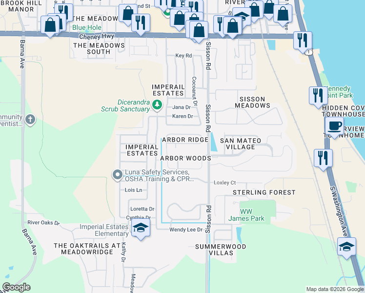 map of restaurants, bars, coffee shops, grocery stores, and more near 488 Arbor Ridge Lane in Titusville