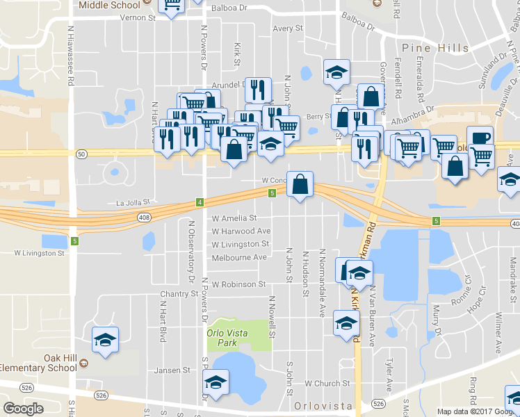 map of restaurants, bars, coffee shops, grocery stores, and more near 515 North Nowell Street in Orlando