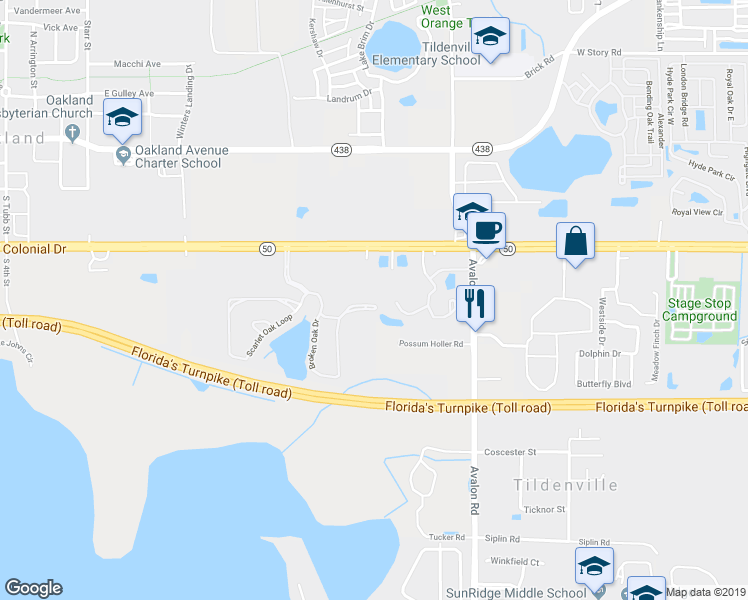 map of restaurants, bars, coffee shops, grocery stores, and more near 15303 Oak Apple Court in Winter Garden