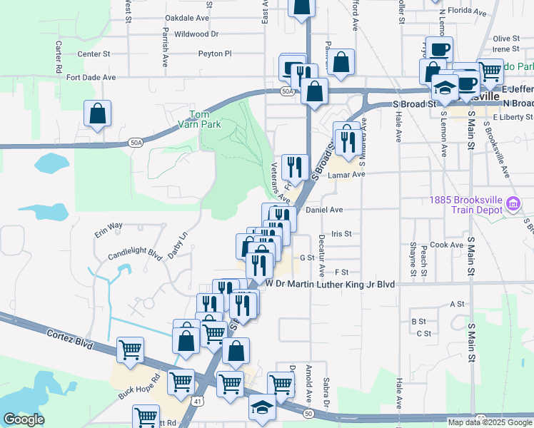 map of restaurants, bars, coffee shops, grocery stores, and more near 800 John Gary Grubbs Boulevard in Brooksville