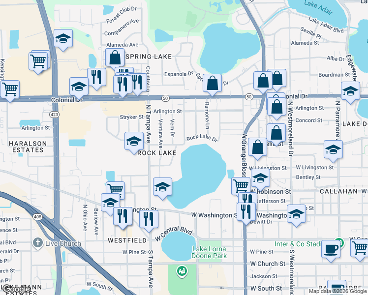 map of restaurants, bars, coffee shops, grocery stores, and more near 1700 West Amelia Street in Orlando