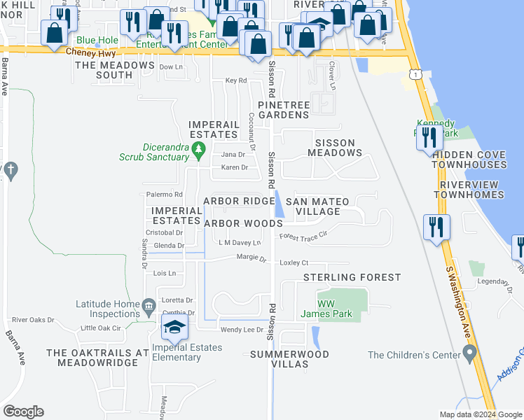 map of restaurants, bars, coffee shops, grocery stores, and more near 465 Arbor Ridge Lane in Titusville