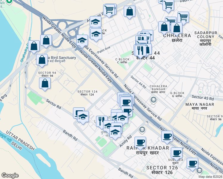 map of restaurants, bars, coffee shops, grocery stores, and more near Noida-Greater Noida Expressway in Noida