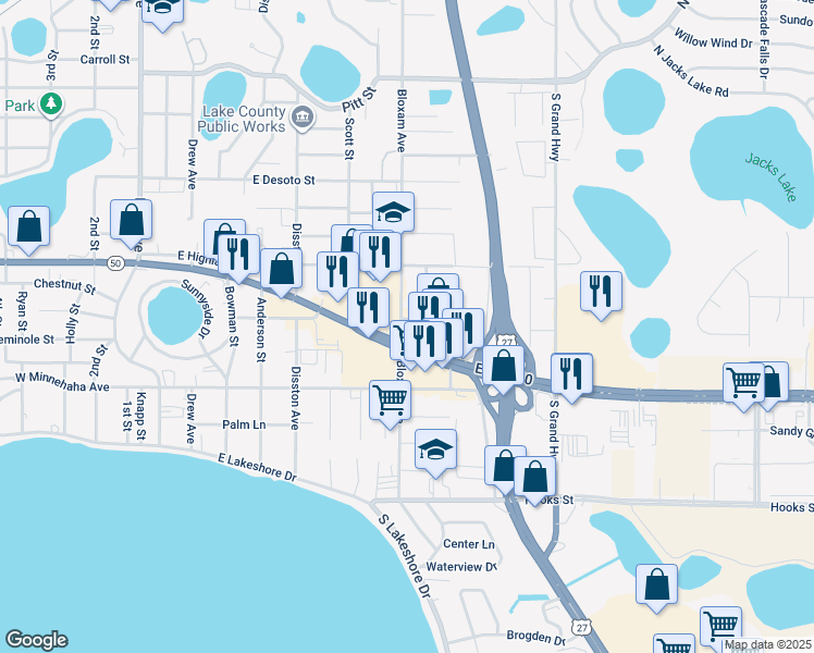 map of restaurants, bars, coffee shops, grocery stores, and more near 715 Almond Street in Clermont