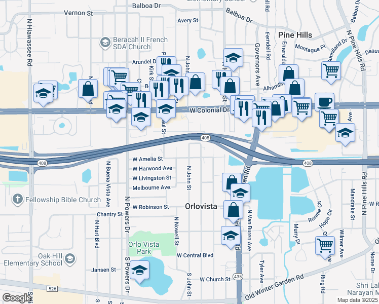 map of restaurants, bars, coffee shops, grocery stores, and more near 519 North John Street in Orlando