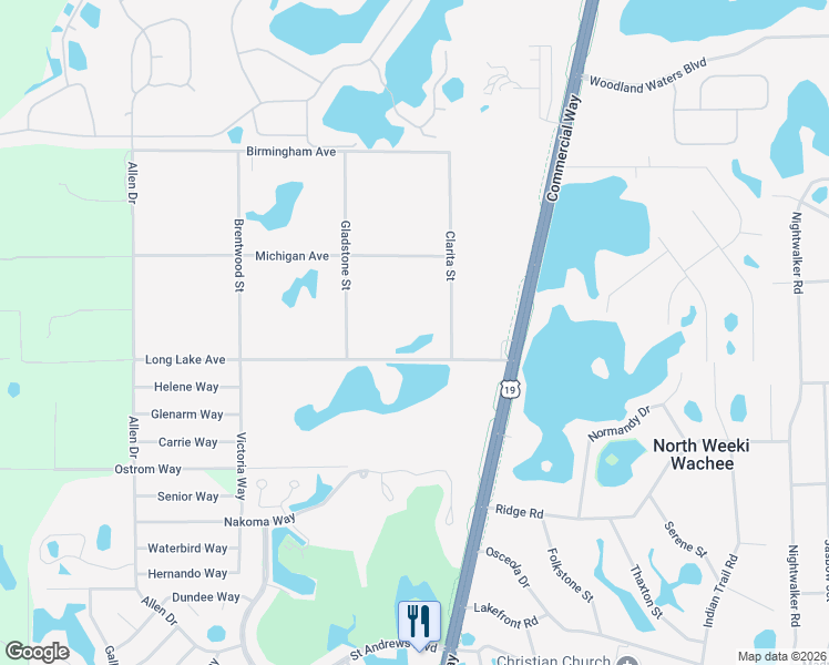 map of restaurants, bars, coffee shops, grocery stores, and more near 9271 Long Lake Avenue in Weeki Wachee