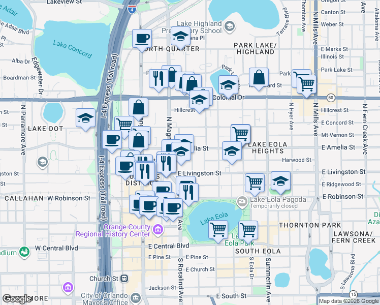 map of restaurants, bars, coffee shops, grocery stores, and more near 203 East Amelia Street in Orlando