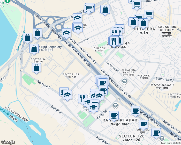 map of restaurants, bars, coffee shops, grocery stores, and more near Noida-Greater Noida Expressway in Noida