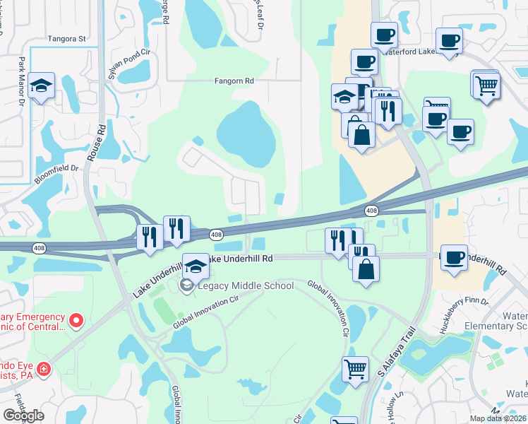 map of restaurants, bars, coffee shops, grocery stores, and more near 414 Carey Way in Orlando