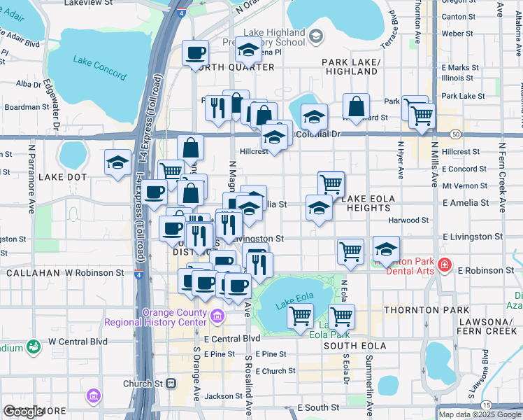 map of restaurants, bars, coffee shops, grocery stores, and more near 203 East Amelia Street in Orlando