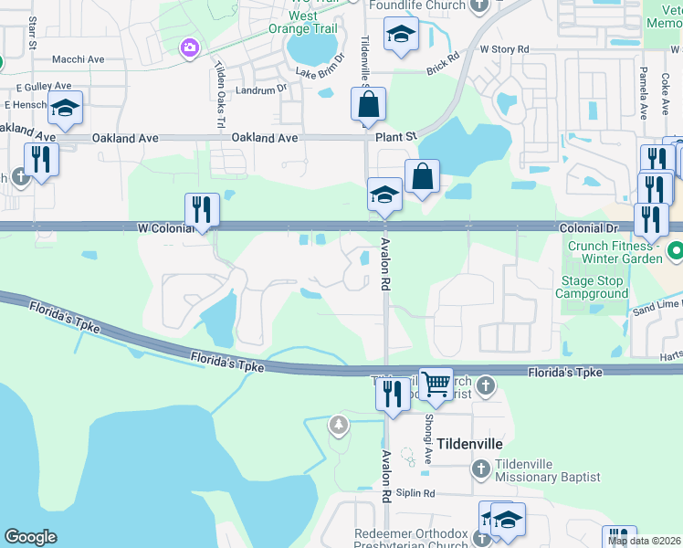 map of restaurants, bars, coffee shops, grocery stores, and more near 15204 West Colonial Drive in Winter Garden
