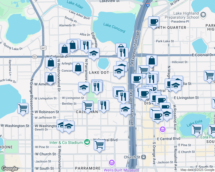 map of restaurants, bars, coffee shops, grocery stores, and more near 445 Ronald Blocker Avenue in Orlando