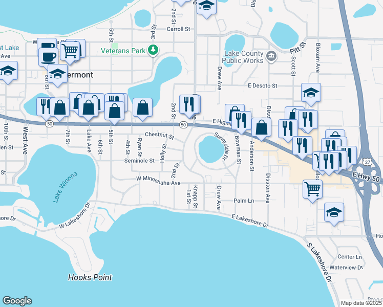 map of restaurants, bars, coffee shops, grocery stores, and more near 79 Sunnyside Drive in Clermont