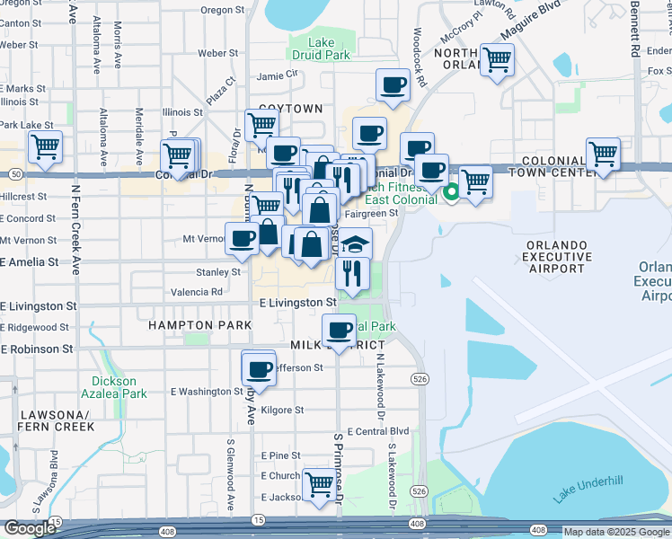map of restaurants, bars, coffee shops, grocery stores, and more near 595 North Primrose Drive in Orlando
