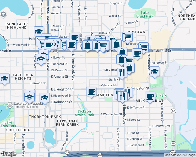 map of restaurants, bars, coffee shops, grocery stores, and more near 2009 Stanley Street in Orlando