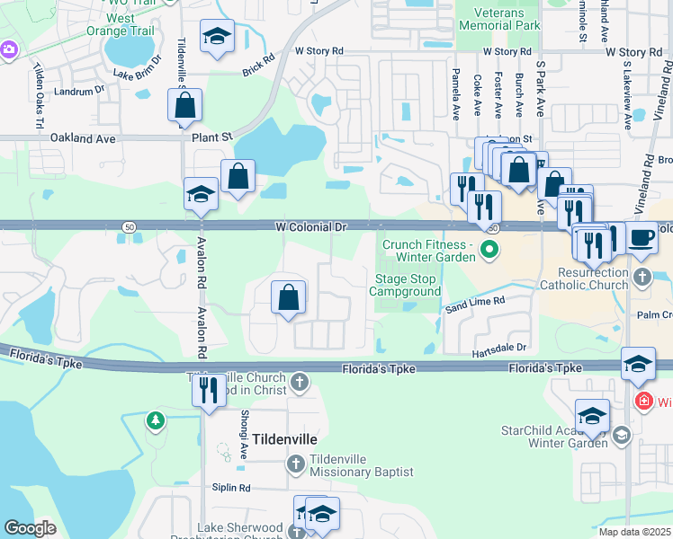 map of restaurants, bars, coffee shops, grocery stores, and more near 1197 Orange West Boulevard in Winter Garden