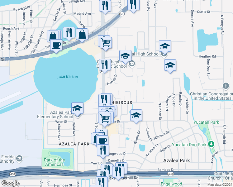 map of restaurants, bars, coffee shops, grocery stores, and more near 540 Hibiscus Way in Orlando