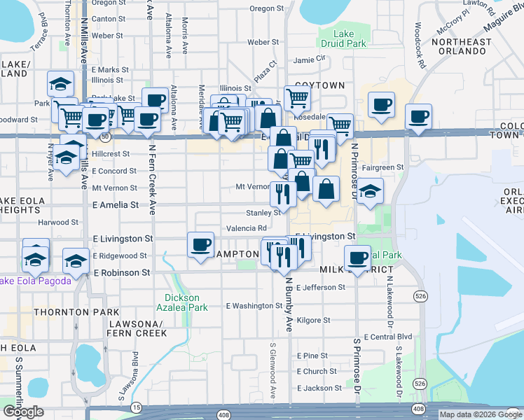 map of restaurants, bars, coffee shops, grocery stores, and more near 2125 Stanley Street in Orlando