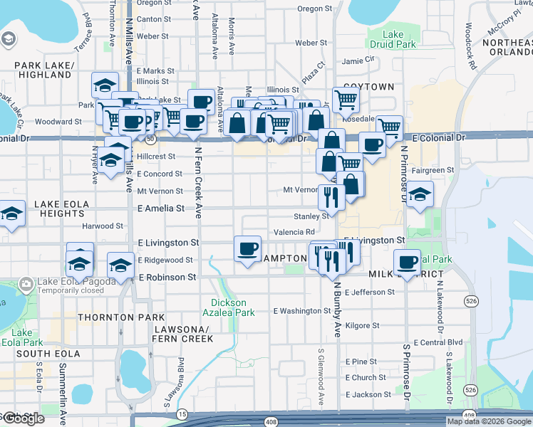 map of restaurants, bars, coffee shops, grocery stores, and more near 2009 Stanley Street in Orlando