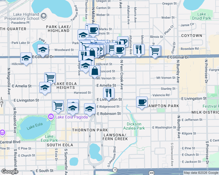 map of restaurants, bars, coffee shops, grocery stores, and more near 1427 East Amelia Street in Orlando