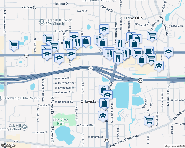 map of restaurants, bars, coffee shops, grocery stores, and more near 506 West Concord Street in Orlando